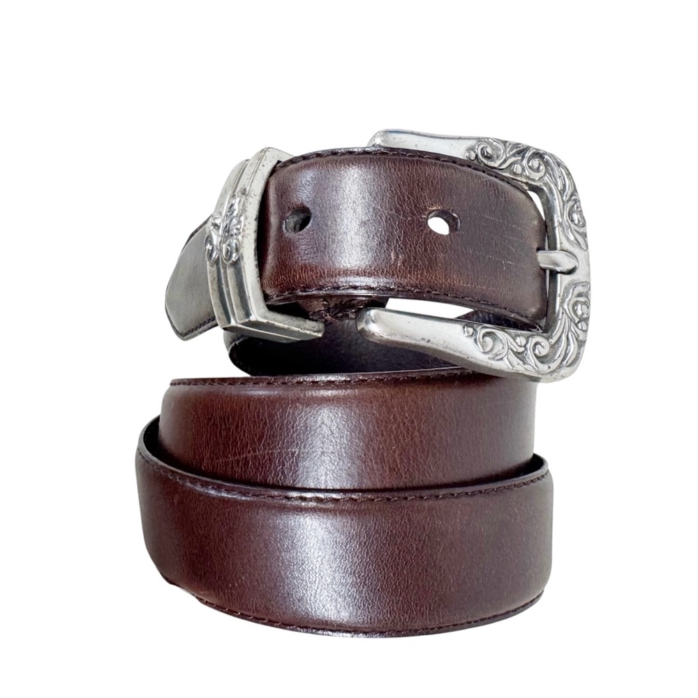 VINTAGE Fossil Brown Leather Western Engraved Silver Belt Medium Ornate Boho